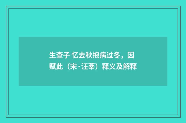 生查子 忆去秋抱病过冬，因赋此（宋·汪莘）释义及解释