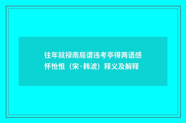 往年就禄南局谓违考亭得两语感怀怆恨（宋·韩淲）释义及解释