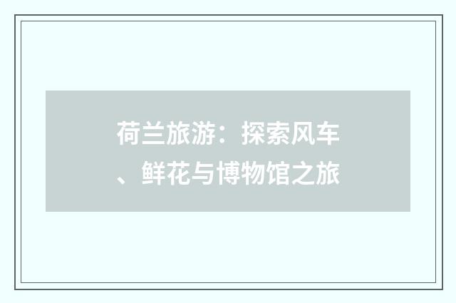 荷兰旅游：探索风车、鲜花与博物馆之旅