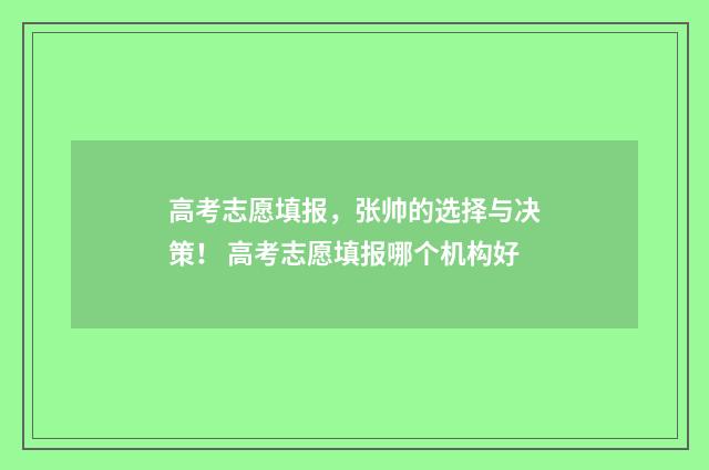 高考志愿填报，张帅的选择与决策！ 高考志愿填报哪个机构好